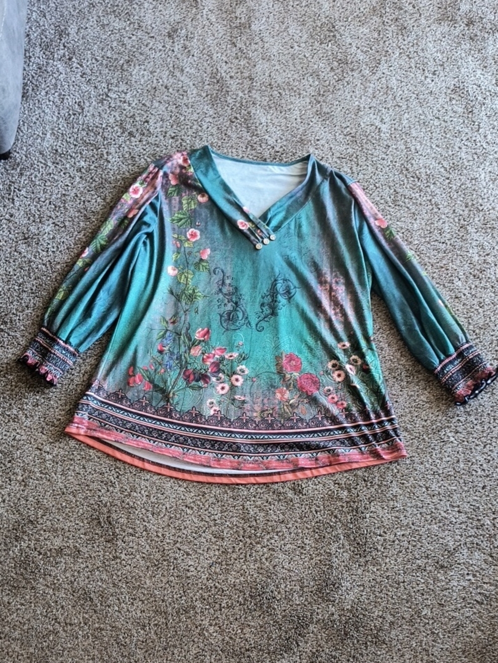 Floral V-Neck Teal Women's Tunic with Coral Trim